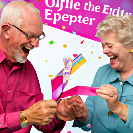 Er couple joyfully unwrapping an experience gift card together, with a festive background indicating a celebration