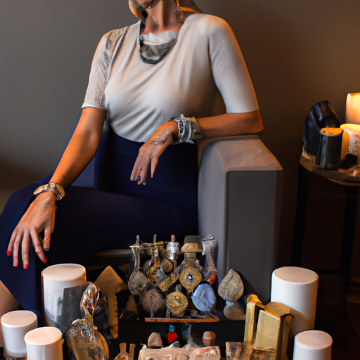 Sh woman surrounded by bespoke gifts such as a tailored dress, personalized jewelry, and unique artwork, all enveloped in soft lighting with a luxurious background