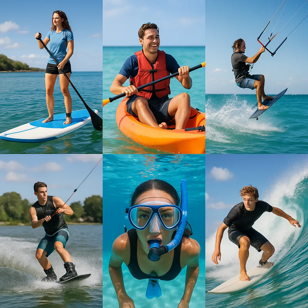 Collage af populære vandsportsaktiviteter i Danmark, herunder SUP, kajakroning, kitesurfing, wakeboarding, snorkling og surfing i naturskønne omgivelser.