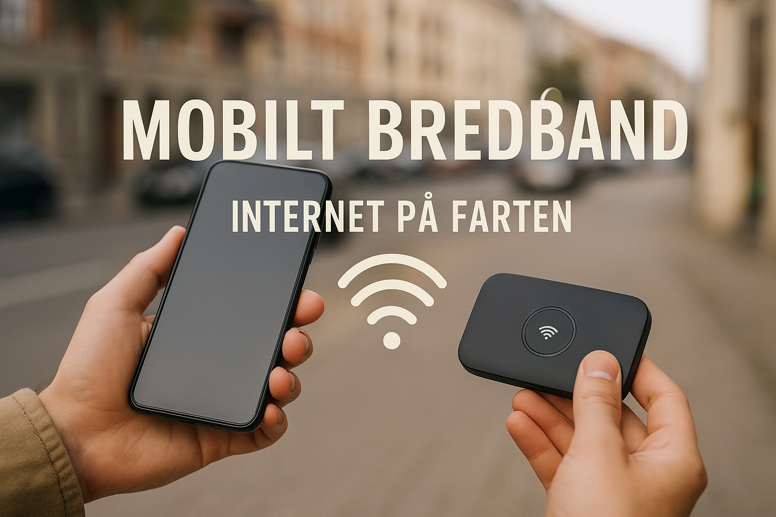 To hænder holder henholdsvis en smartphone og en mobil Wi-Fi-enhed med teksten "Mobilt Bredbånd – Internet på farten" og et Wi-Fi-symbol i midten.