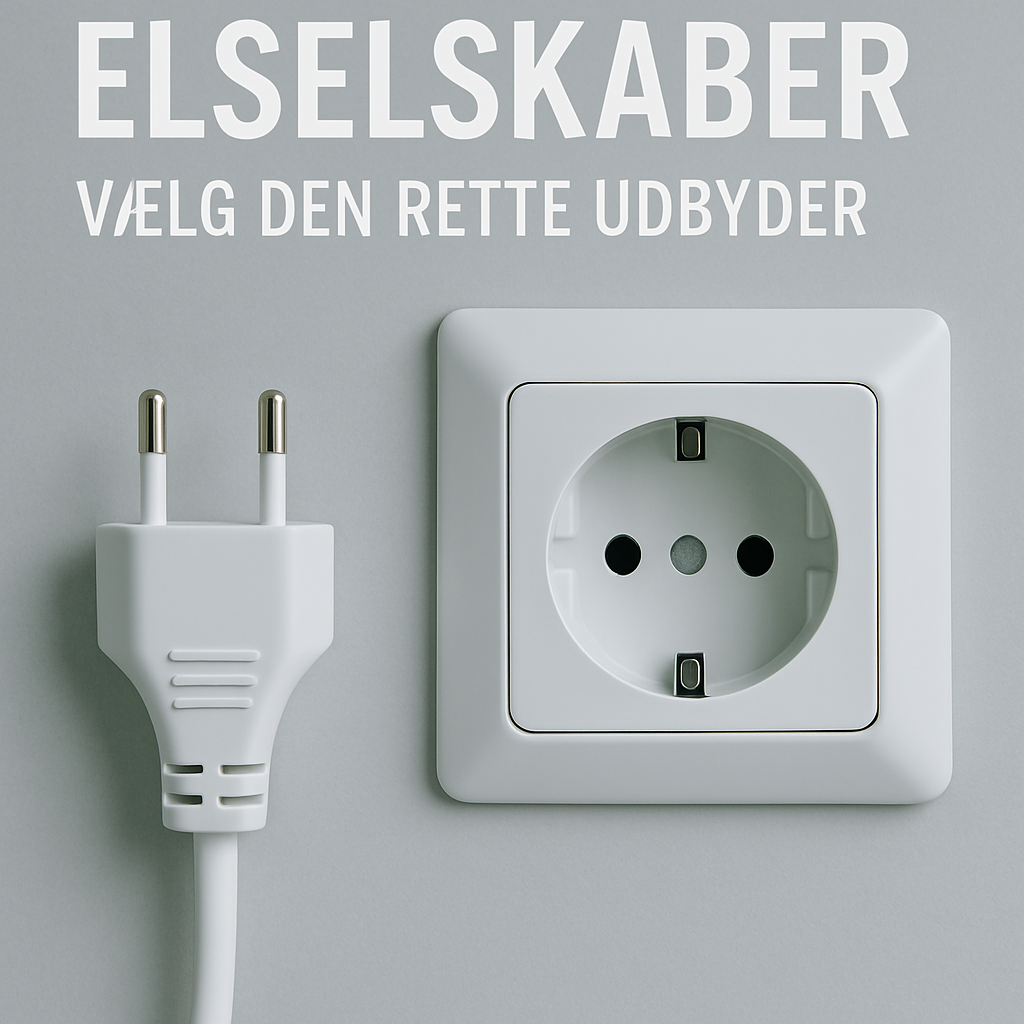 Hvid stikkontakt og stikprop på grå baggrund med teksten "Elselskaber – Vælg den rette udbyder" i hvidt øverst.