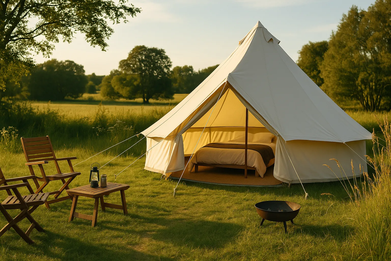 Glamping i Danmark – luksustelt i naturskønne omgivelser med træmøbler og bålsted