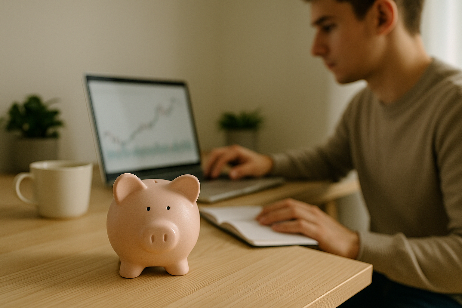 Sparegris på skandinavisk skrivebord med ung mand, der arbejder med finansgrafer på laptop