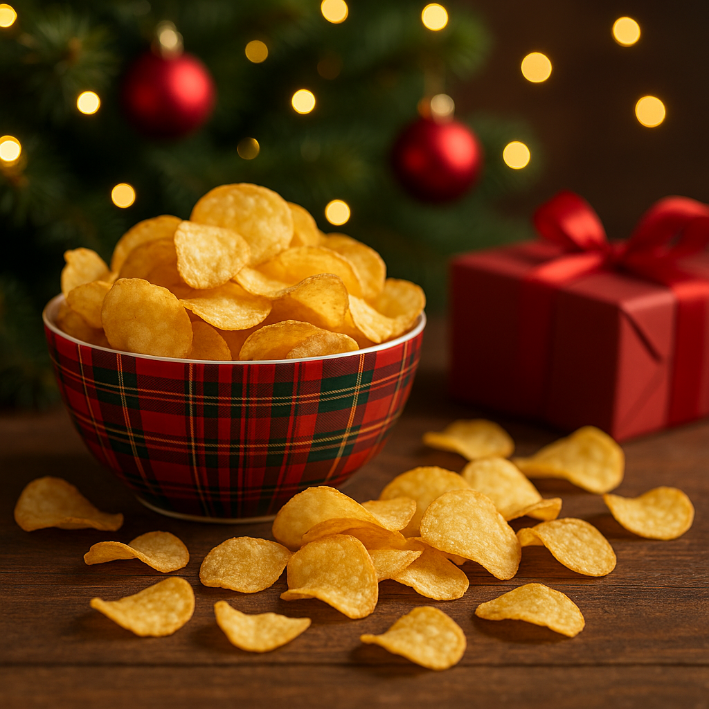 Juletema med gyldne, sprøde kartoffelchips på bordet – perfekt stemning til chipskalendere i 2025.